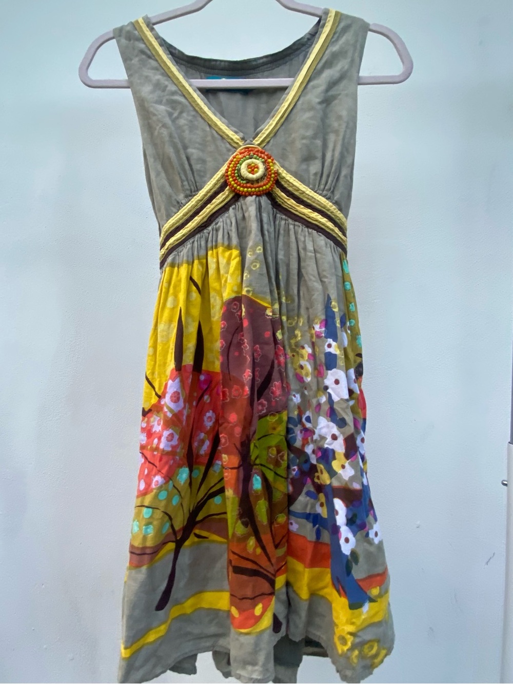 Y2K EURO Boho Fairy Yellow & Green Multicolor Beaded Mini Dress Sizs 38 Small